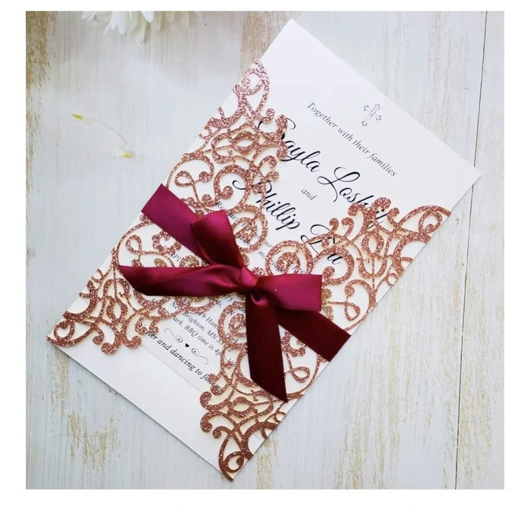 20x Laser Cut Lace Flora Wedding Invitation Cards with Ribbon Bow and Envelop...